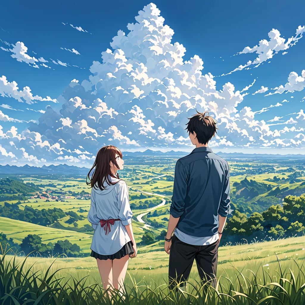 anime, anime landscape, beautiful hair, boyfridend girlfrien sweet, looking at clouds, in a grassland, creative, realist, white clouds, blue sky, landscape amazing, guy looking away from camera, wide photo