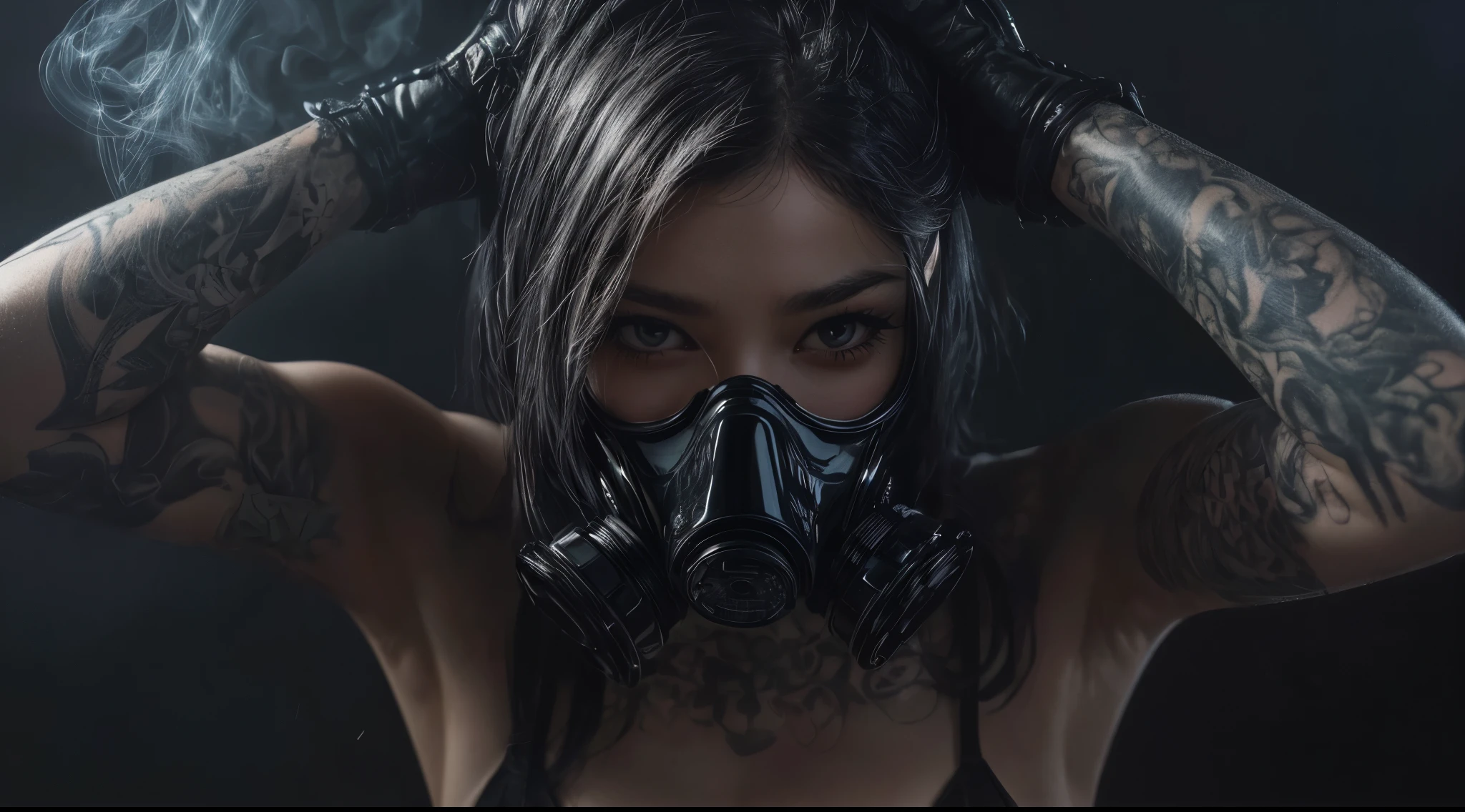 a woman with a gas mask tattoo, very close to the camera, hands on head, black lipstick, dramatic lighting, black background, (best quality,4k,8k,highres,masterpiece:1.2),ultra-detailed,(realistic,photorealistic,photo-realistic:1.37),portrait,chiaroscuro,moody,cinematic,dramatic lighting