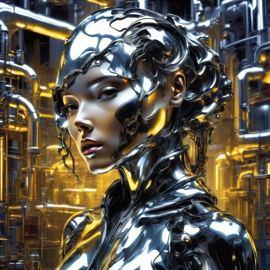 Liquid Metal mimics a human woman、Half Body Portrait、In a cyberpunk chemical factory