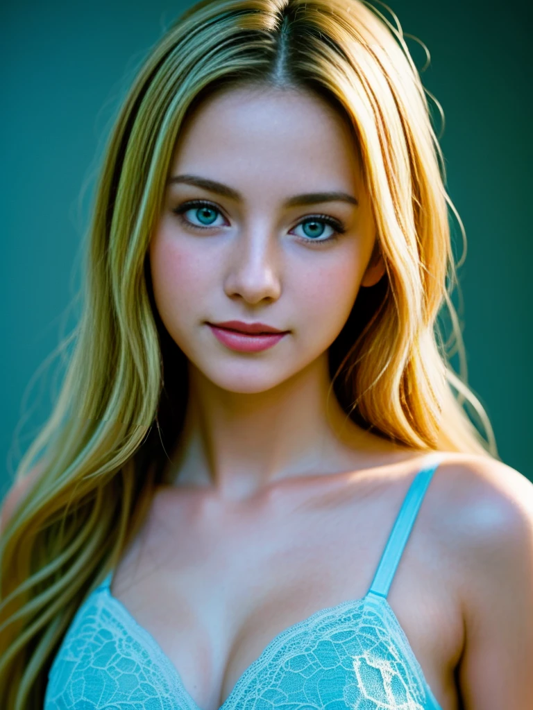 (Photo Real:1.4), (hyper realisitic:1.4), (Smooth lighting:1.05), 1 girl, teenager, blue eyes, happy, shy, smile, (looking away:1.2), Close-up of the face, Soft lighting, Back lighting, (Finest Real Textured Skins), Super fine face, glowy skin, retinas, Anatomically correct, (Blonde Wavy medium hair:1.1), Textured skin, High quality, high details, Best Quality, High resolution, lace bra,
