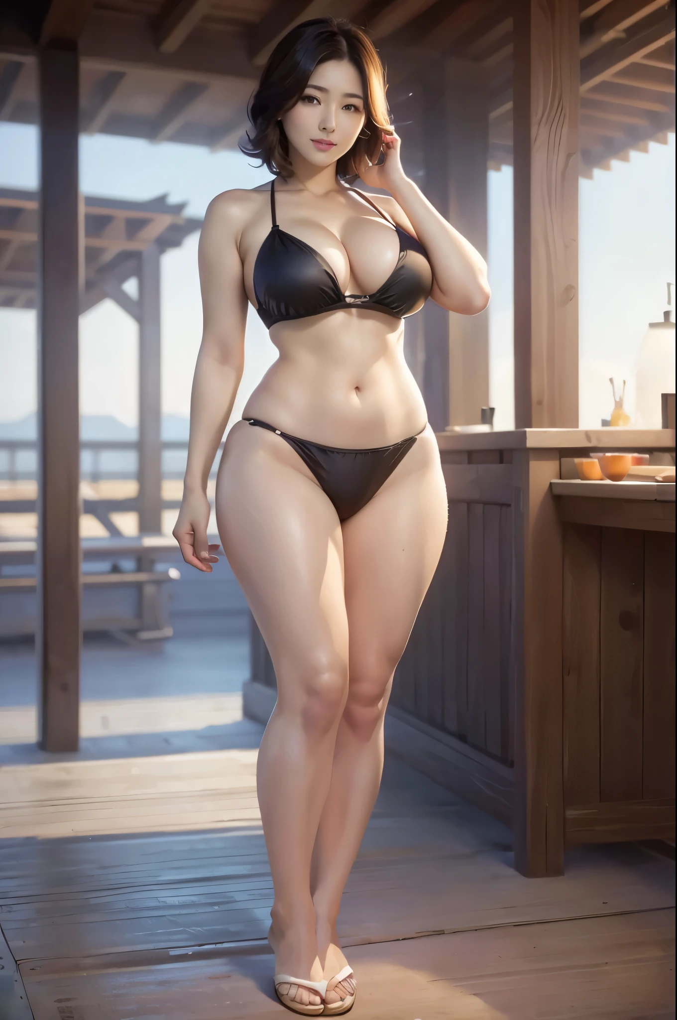 (Browsing Caution), (RAW Photos), (Realistic), (Photorealistic), Ultra-high resolution, masterpiece, Highest quality, Portraiture, facial Portraiture, Perfect lighting, Detailed lighting, Dramatic Shadows, Ray Tracing, 1 Japan Beautiful, 40 years old, Sensual, Cleavage, Plump figure, Beautiful and delicate brown eyes, Red lips, big tits, big ass, big thick thighs, Short Hair, Black Hair, Mouth half open, gentle smile, View your viewers, Wearing a sexy bikini, In the beach, standing pose, (((full body))), from below,