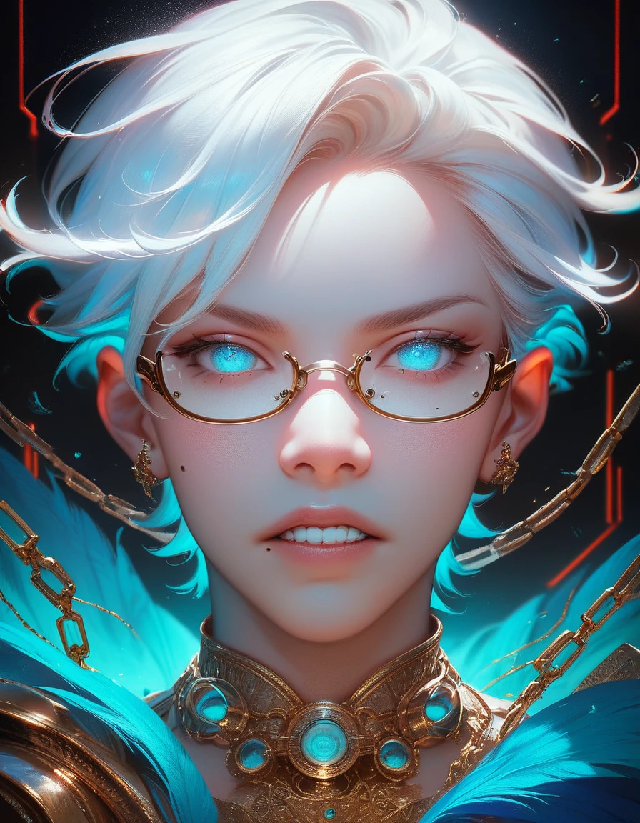 (score_9, score_8_up, score_7_up), zPDXL, 1 boy, alone, looking at viewer, simple warm colored background, neon blue eyes, close up, short hair, white hair, broken glasses, lenses, neon blue feathers falling, serious look, determination, dark aura, front view, masterpiece, best quality, hyper detailed, cinematic light, intricate detail, high resolution, official art, detailed glow, neon glowing teeth, portrait, gold jewelry, the pupil of the eyes with detailed structures, miracle, dark atmosphere, neon blue feathers, mole, jewelry accessories, diffraction peak, vibrant colors, concept artist, electronic links, metal chains,