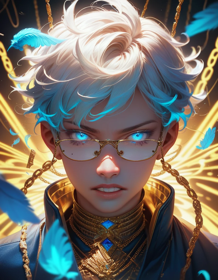 (score_9, score_8_up, score_7_up), zPDXL, 1 boy, alone, looking at viewer, simple warm colored background, neon blue eyes, close up, short hair, white hair, broken glasses, lenses, neon blue feathers falling, serious look, determination, dark aura, front view, masterpiece, best quality, hyper detailed, cinematic light, intricate detail, high resolution, official art, detailed glow, neon glowing teeth, portrait, gold jewelry, the pupil of the eyes with detailed structures, miracle, dark atmosphere, neon blue feathers, mole, jewelry accessories, diffraction peak, vibrant colors, concept artist, electronic links, metal chains,
