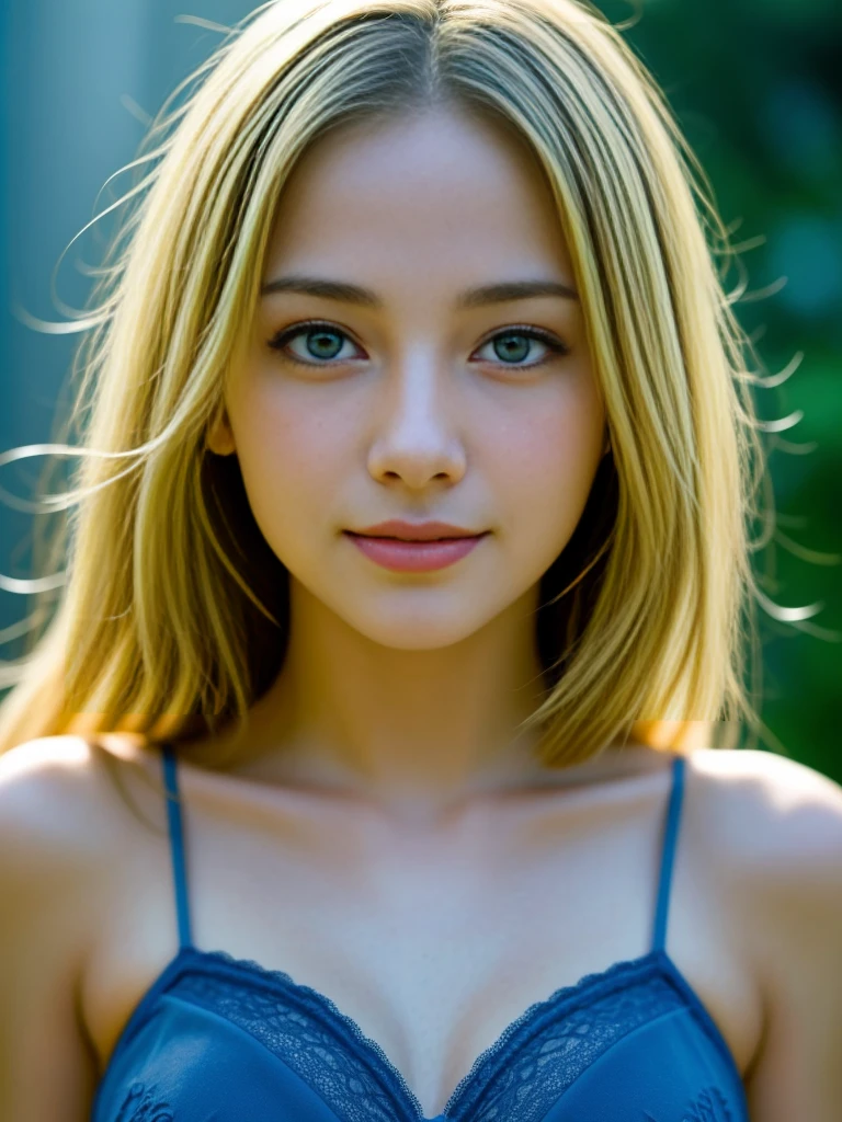 (Photo Real:1.4), (hyper realisitic:1.4), (Smooth lighting:1.05), 1 girl, ager, blue eyes, happy, shy, big smile, (looking away:1.2), Close-up of the face, Soft lighting, Back lighting, (Finest Real Textured Skins), Super fine face, glowy skin, retinas, Anatomically correct, (Blonde Wavy medium hair:1.1), Textured skin, High quality, high details, Best Quality, High resolution, lace bra,