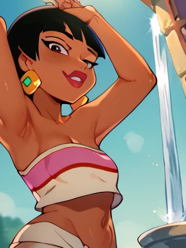 score_9, score_8_up, score_7_up, score_6_up, score_5_up, score_4_up, BREAK 1girl, ((slim body)), intricate, bikini , (eyeliner:1.2), looking at viewer, hime-cut hairstyle, black hair, tanlines, brown skin, jewelry, detailed background, breasts (masterpiece, high quality:1),
