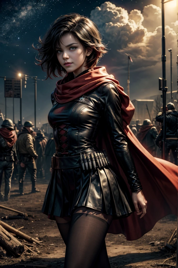 (masterpiece, best quality:1.2), cowboy shot, solo, dynamic pose, 1girl, ruby rose, grin, looking at viewer, arms behind back, black dress, long sleeves, red cape, pantyhose, standing, in deserted stadium, bonfires, river, crowd, (crowd in military uniforms), night, stars, closed mouth, serious look, serious expression, post-apocalypse, dystopian future