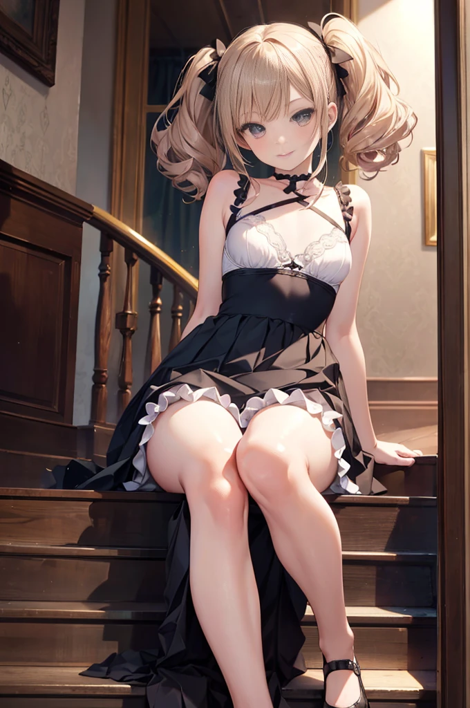 (masterpiece), 4K,woman,Party Dresses,Small breasts,Small Ass,Curly Twin Tails,Light bulb lighting,Realistic, skinny, Big smile,Frill Bra,((,Short bloomers under a skirt)),Sitting on the stairs,((Long skirt)),Angle from below the knee