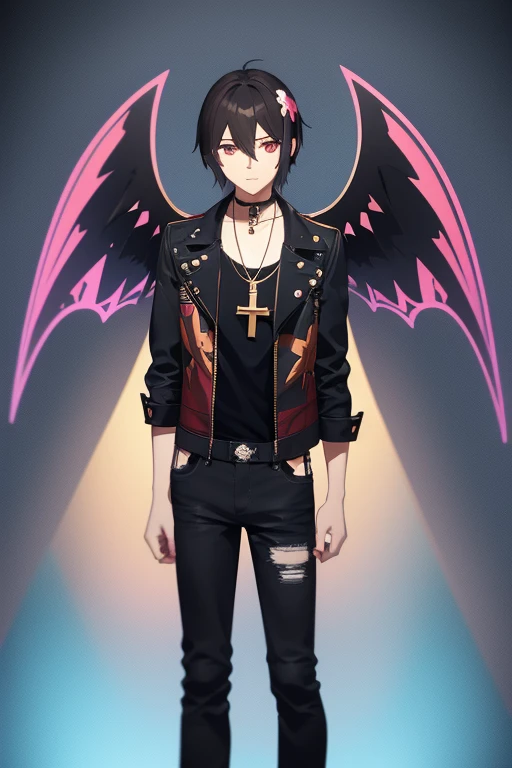 V Flower Vocaloid 16 year old boy Black hair with black light brown eyes Black open jean jacket with wings print Red shirt Blue jeans Gold cross necklace looking directly at viewer on a light blue background