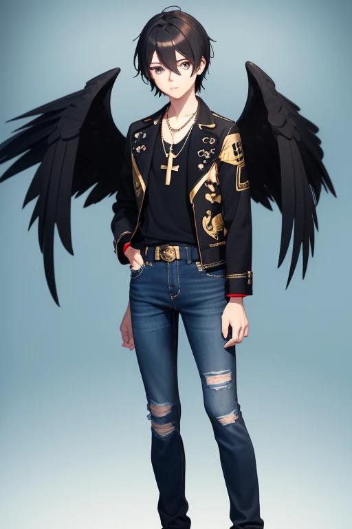 V Flower Vocaloid 16 year old boy Black hair with black light brown eyes Black open jean jacket with wings print Red shirt Blue jeans Gold cross necklace looking directly at viewer on a light blue background
