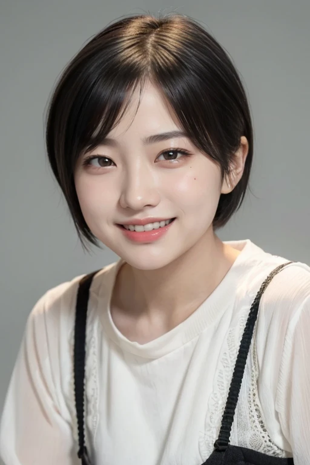 (Desaturated tones:1.3), 8k, RAW photo, best quality, masterpiece, realistic, photo-realistic, clear, beautiful face, no makeup, best quality, ultra high res, BREAK, Japanese cute girl, 14 years old, (very short cut hair, smile:1.2)