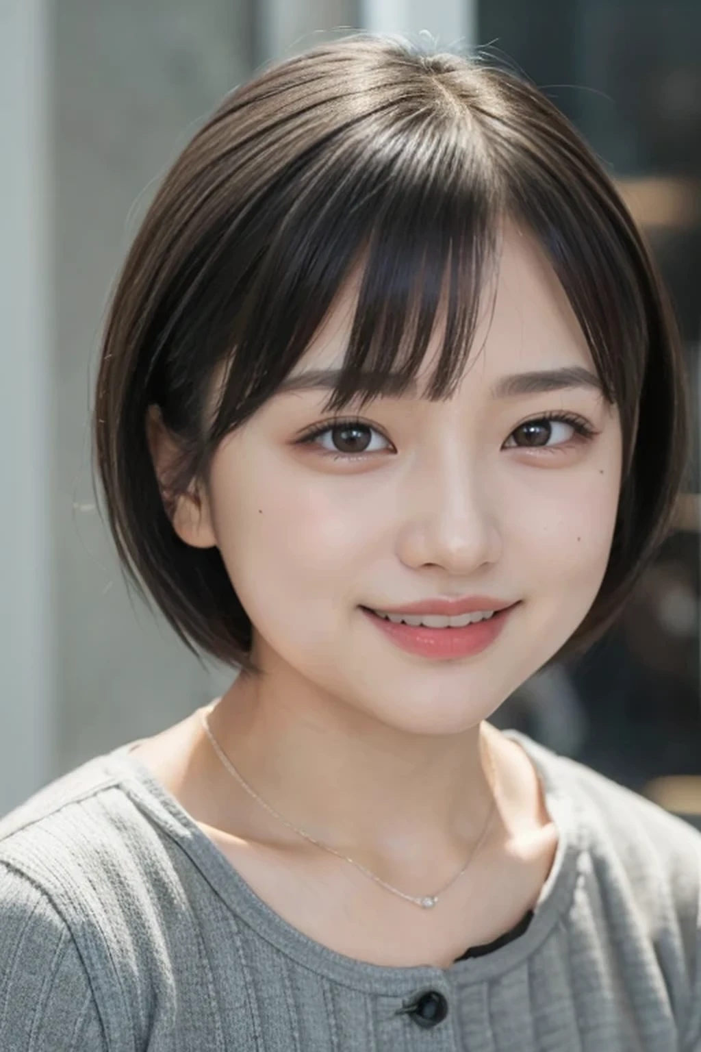 (Desaturated tones:1.3), 8k, RAW photo, best quality, masterpiece, realistic, photo-realistic, clear, beautiful face, no makeup, best quality, ultra high res, BREAK, Japanese cute girl, 14 years old, (very short cut hair, smile:1.2)
