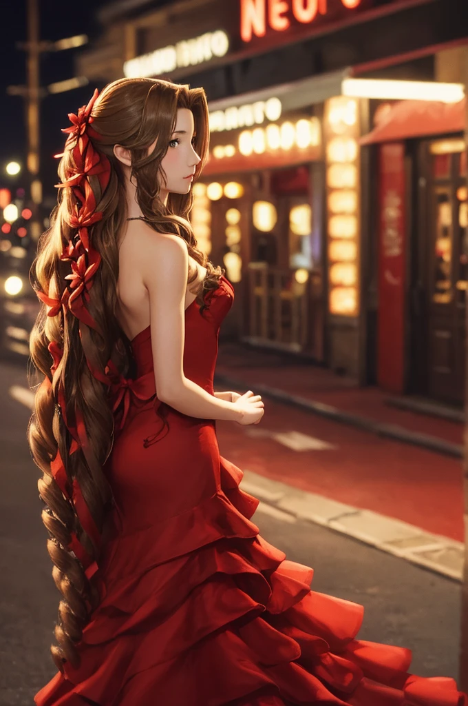 masterpiece, best quality, aerith gainsborough, very long hair, hair ribbons, hair flowers, strapless red dress, looking at viewer, cowboy shot, nighttime, waterfront, neon signs ,  