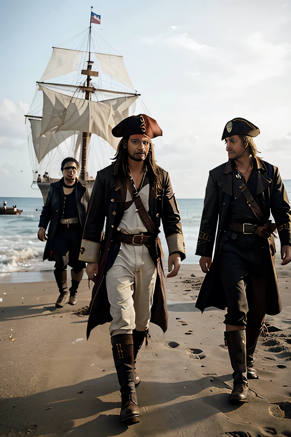 A pirate captain with his crew arriving ashore on a beach in his ship