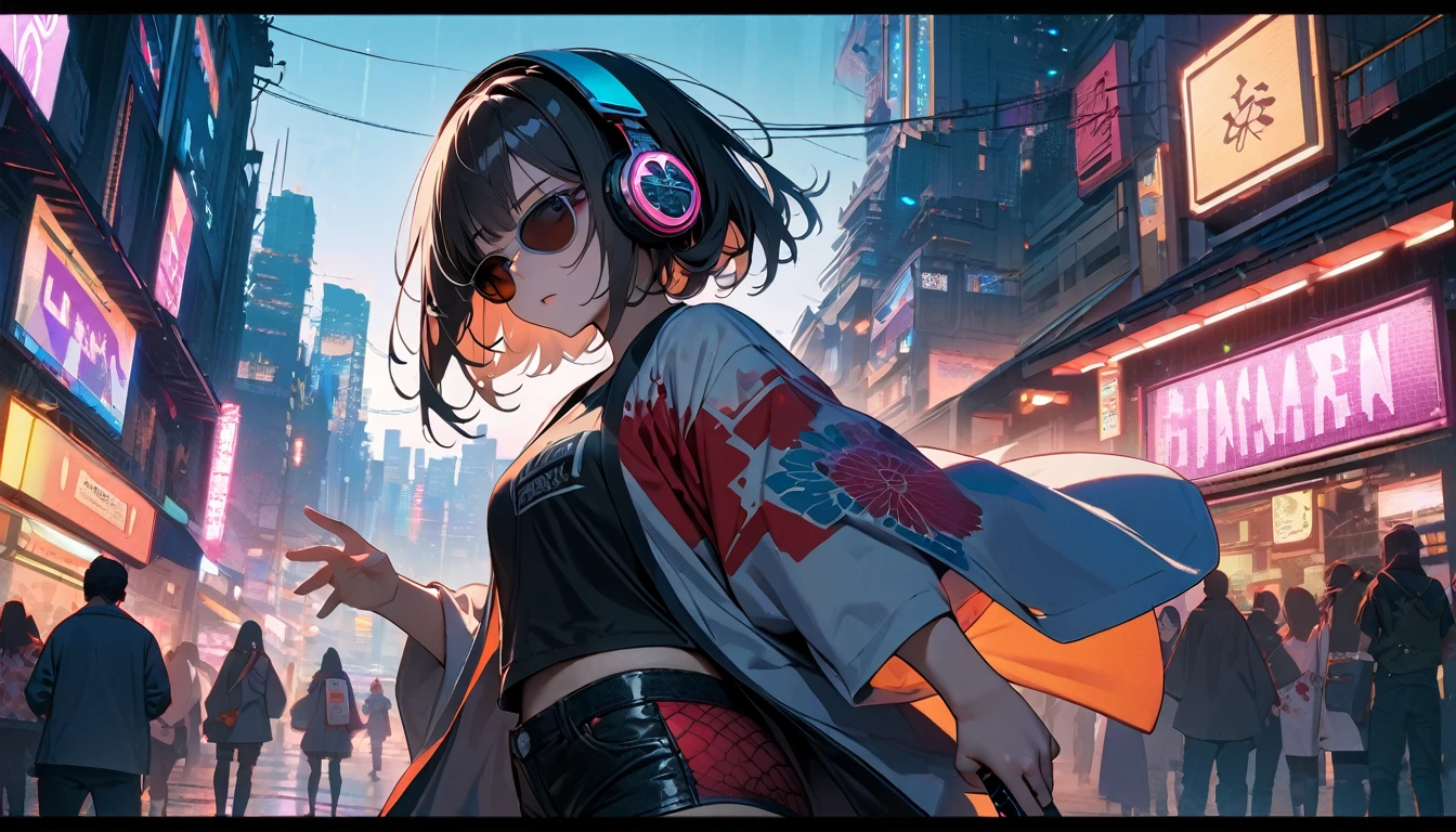 (((8k, Masterpiece, high resolution, highest quality, highest quality real texture skin))), ((wearing Japanese pattern headphones)), (((1 girl))), (((Japanese pattern haori))), (((Hold the sword in your right hand))), (((Cyberpunk City))), ((sunglasses)), (Japanese pattern T-shirt, super mini shorts), (Black shiny hair, beige skin)