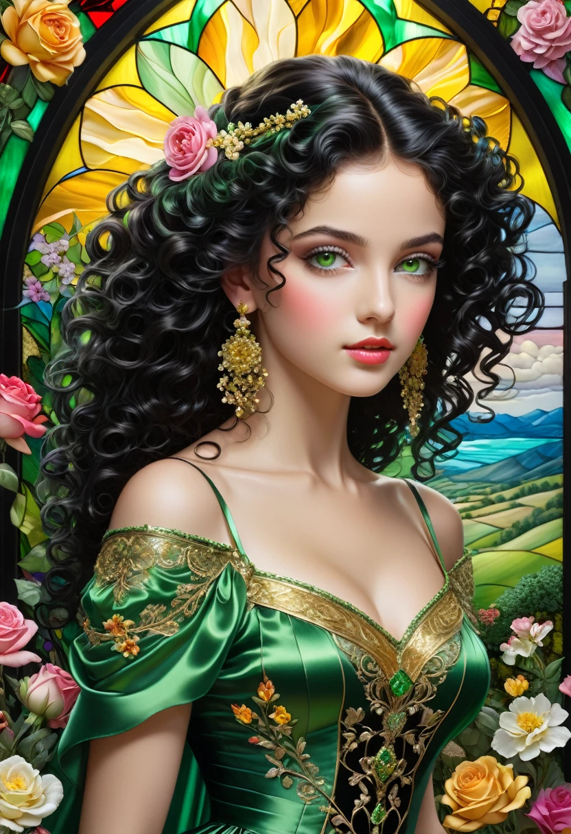 a girl, beautiful crystal green eyes, full mouth with gloss, curly black hair with tiara, colorful stained glass background, garden of roses and wild flowers, lots of details, beautiful and complicated sky, volumetric light, 8k, soft color, soft colors, bright and crisp, iridescent satin green, barbados green, gold thread embroidery, Sensitivity, Rhapsody in green and bleached floral silk, Popular Topics on Artstation, sharp focus, studio shots,(((in dynamic poses))), intricate details , very detailed, Popular Topics on Artstation, sharp focus, studio shots, intricate details, Very Detailed.8k.