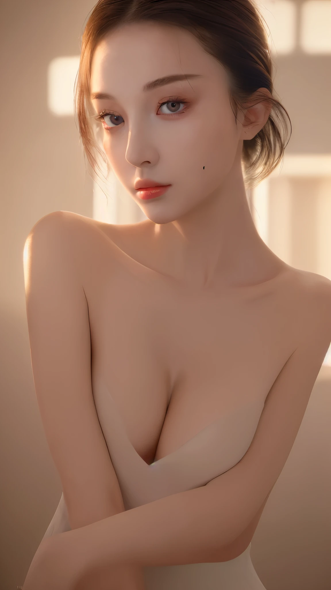 ((Best quality, 8k, Masterpiece :1.3)), upper body, Sharp fokus :1.2, Beautiful woman with perfect, Detailed eyes, Double eyelids, Interior view, ferpect lighting, Glowing skin,