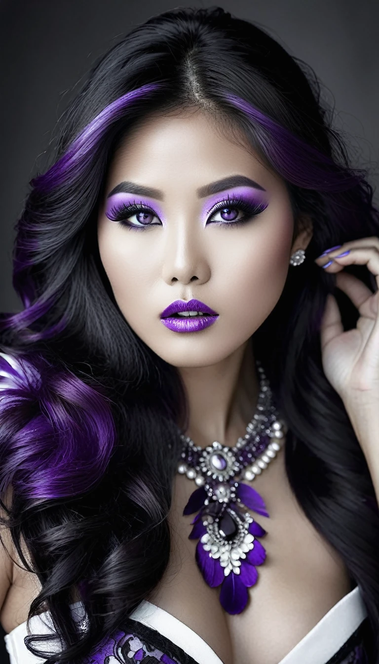 Sublime very sexy Asian woman, Detailed lips, detailed eyes, detailed eyelash, detailed face, sublime and detailed body, long cheveux violet, visage de séduction, ((violet make-up)), photo du milieu du corps, ((porter un costume)),(( Une cravate violette, photo noir et blanc et violet, only black and white and purple photo)), (((photo noir et blanc et violet : 2.0, only black and white and purple photo :2.0, purple only on iris and make-up and hair, b/w, b&w)))