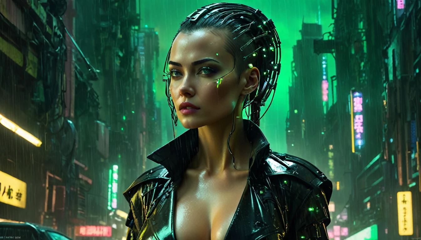 a photo of a beautiful girl with (cybernetic implants:1.2) in the rain wearing a black leather body suit lined with glowing lights and a trenchcoat, masterpiece, best quality, rain, Cyberpunk 2077, Blade Runner, Akira, y4nn , the matrix, green colors, looks like the matrix trinity, big , closed up