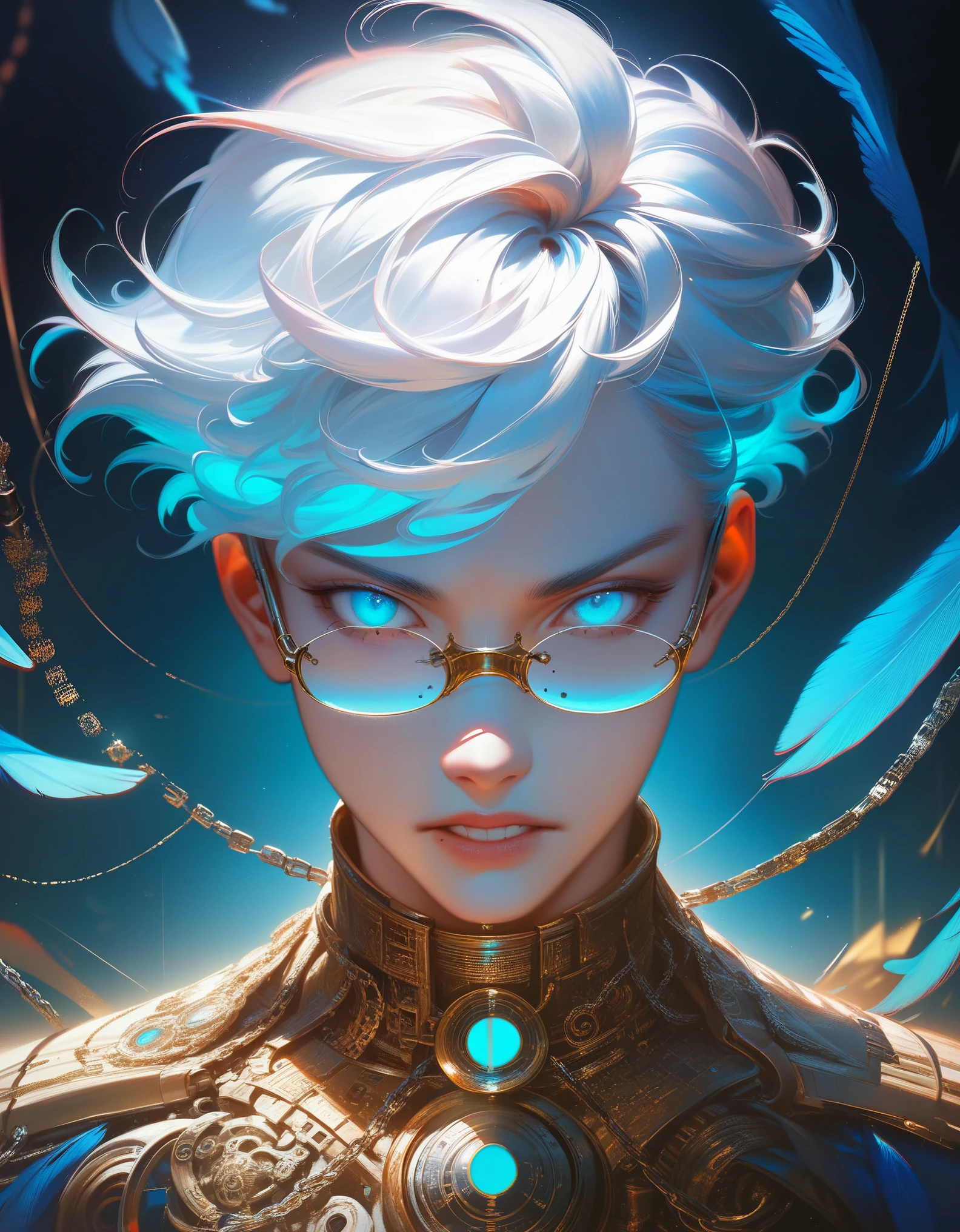 (score_9, score_8_up, score_7_up), zPDXL, 1 boy, alone, looking at viewer, simple warm colored background, neon blue eyes, close up, short hair, white hair, broken glasses, lenses, neon blue feathers falling, serious look, determination, dark aura, front view, masterpiece, best quality, hyper detailed, cinematic light, intricate detail, high resolution, official art, detailed glow, neon glowing teeth, portrait, gold jewelry, the pupil of the eyes with detailed structures, miracle, dark atmosphere, neon blue feathers, mole, jewelry accessories, diffraction peak, vibrant colors, concept artist, electronic links, metal chains,