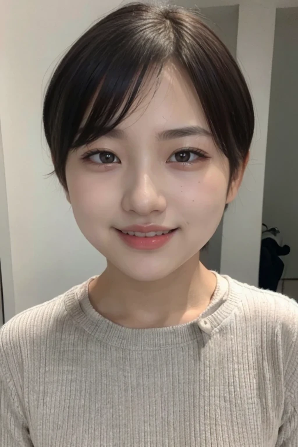 (Desaturated tones:1.3), 8k, RAW photo, best quality, masterpiece, realistic, photo-realistic, clear, beautiful face, no makeup, best quality, ultra high res, BREAK, Japanese cute girl, 14 years old, (very short cut hair, smile:1.2)