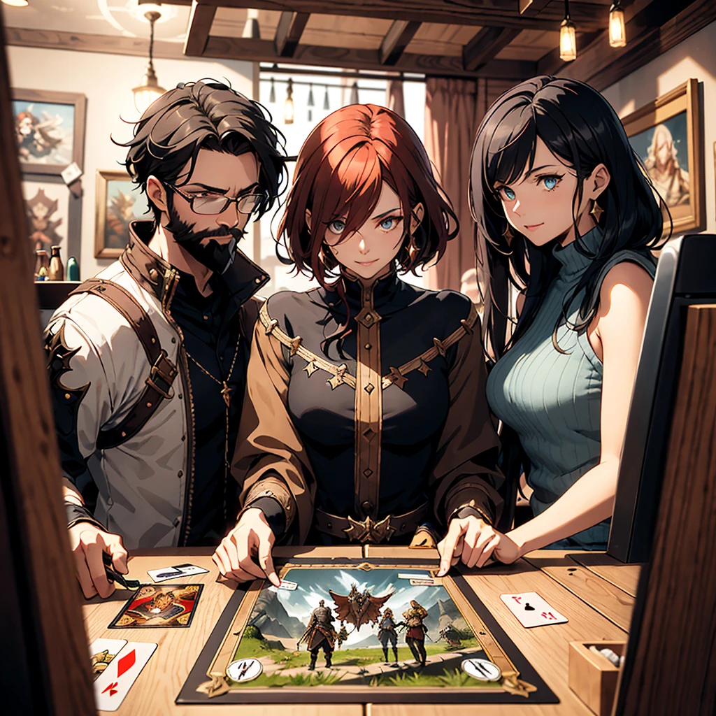 Illustrate four characters in a cozy, multidimensional tavern, like on an RPG game cover. The characters are: a white woman with short red hair, a white woman with short brown hair, a man with brown hair and a beard, and a man with black hair and no beard. They are sitting together at a table playing an RPG game. The art style should be inspired by fantasy card art and card game covers, semelhante à arte de d&d, with an epic and detailed quality.