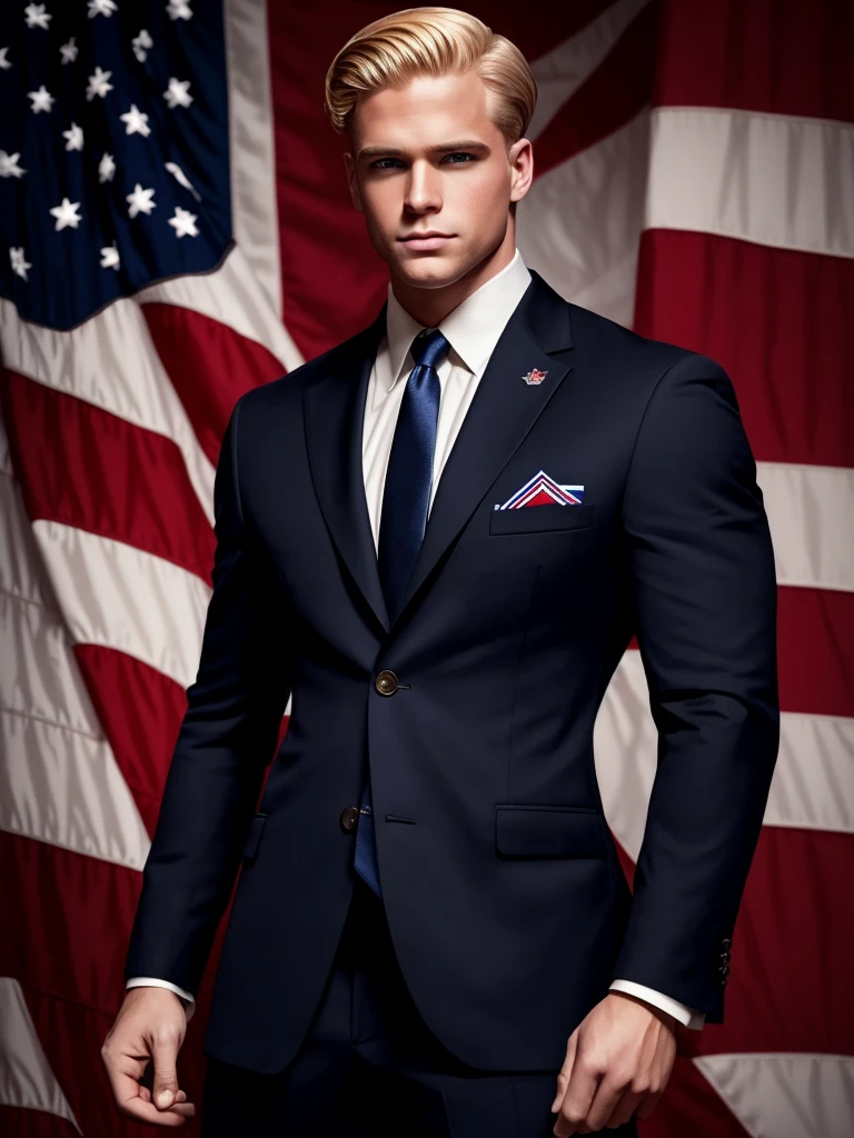 Illustration in the style of Leyendecker: Handsome American man with blonde hair and masculine build. He is wearing a classic dark American suit. There is an American flag in the background.