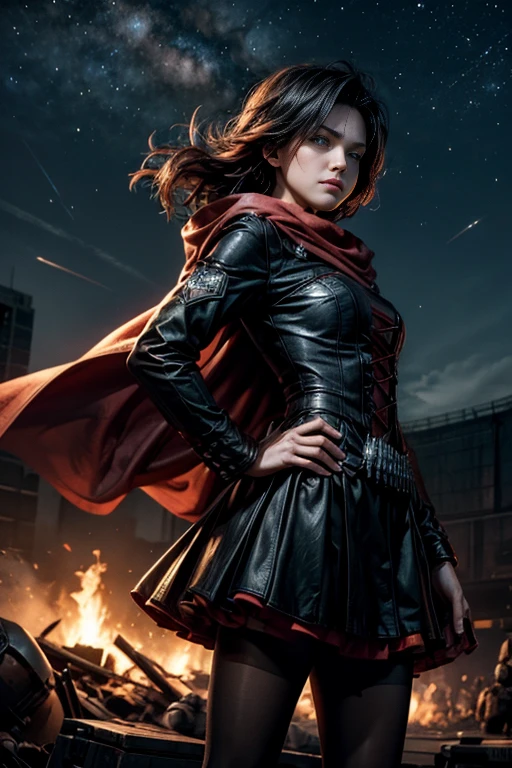 (masterpiece, best quality:1.2), cowboy shot, solo, 1girl, ruby rose, grin, looking at viewer, arms behind back, black dress, long sleeves, red cape, pantyhose, standing with crowd in city ruins on hill, overlooking valley, (crowd in military uniforms) BREAK night, stars, moon, snow, BREAK mountains in background, waterfall, vehicle wreck, , (crowd in military uniform), bonfires, post-apocalypse, dystopian future