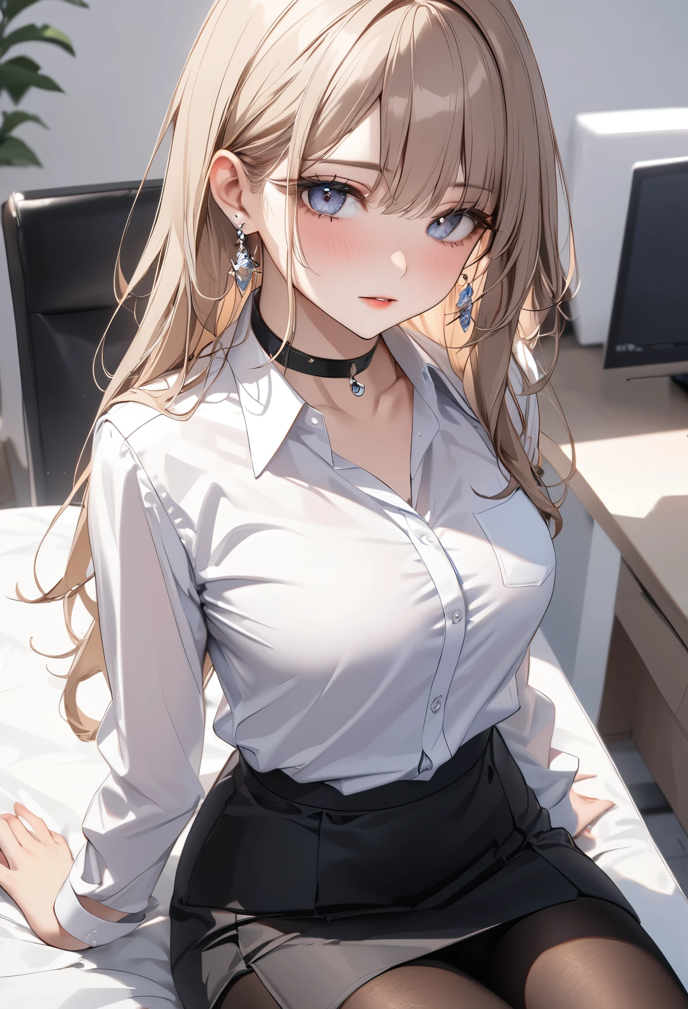 best quality, super_delicate, ultra detailed, beautiful, 8k , 1girl, business shirt, skirt, earrings, choker, black tights, AissistXLv2
