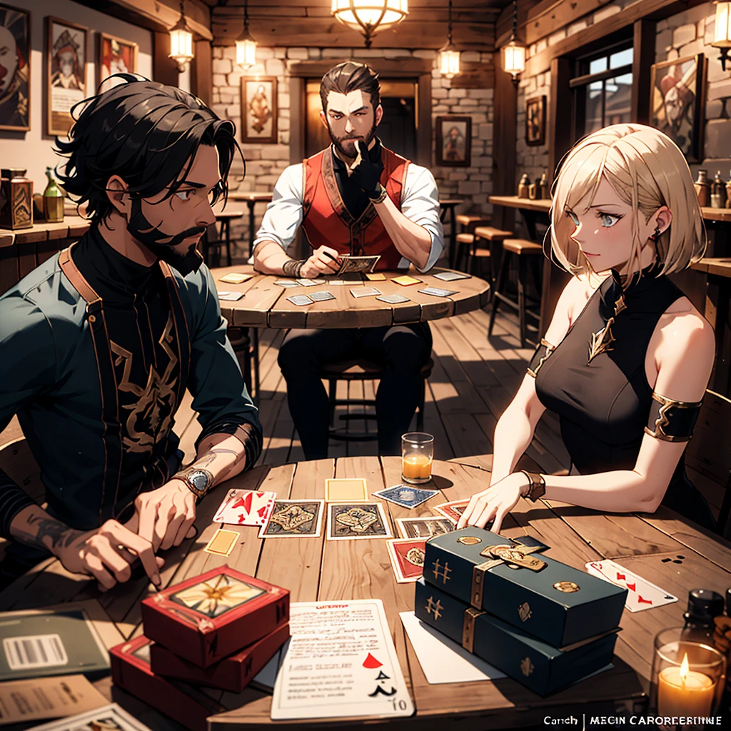 ((best qualityer)), white woman with short red hair, short brown haired white woman, man with brown hair and beard, black haired man without beard. Os quatro estão sentados juntos a mesa jogando um jogo de rpg em a multidimensional cozy tavern, board game cover art Arte do jogo de cartas Hearthstone, Arte do jogo de cartas Hearthstone . ”, card game illustration, Arte de RPG, fantasy card game art, epic fantasy card game art, high quality dnd illustration, Lawther sitting at the table playing dnd, Hearthstone card art, hearthstone art, a multidimensional cozy tavern, board game cover art