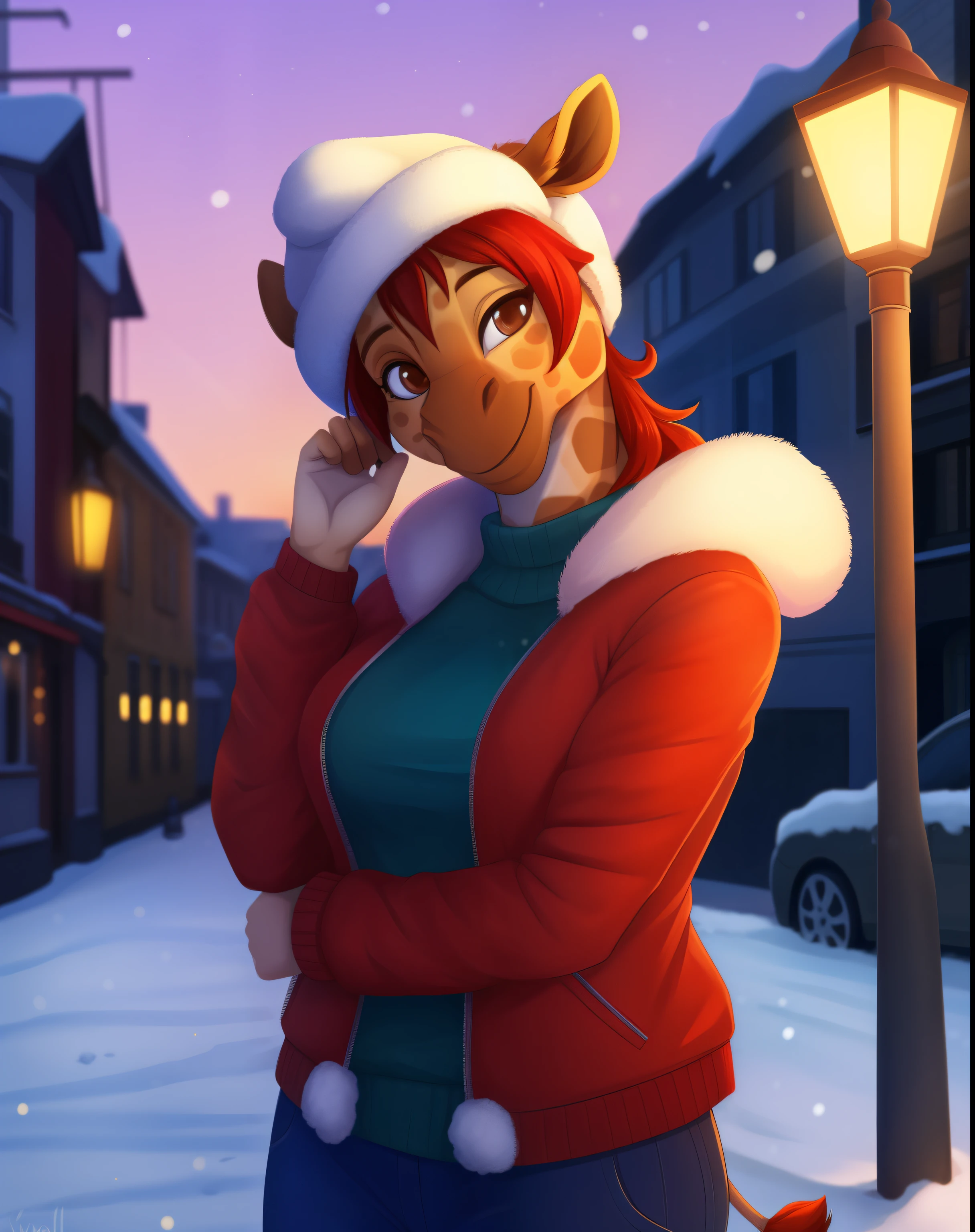 Katya, Giraffe Girl, furry anthro, One, Dark brown eyes, (furry body:1.1), (Best quality), wear a winter jacket and a winter hat,On the street, happy face,  (((posing)))eyes are open,  foreground, on terraces, author: Woolrool (((eyes are open)))