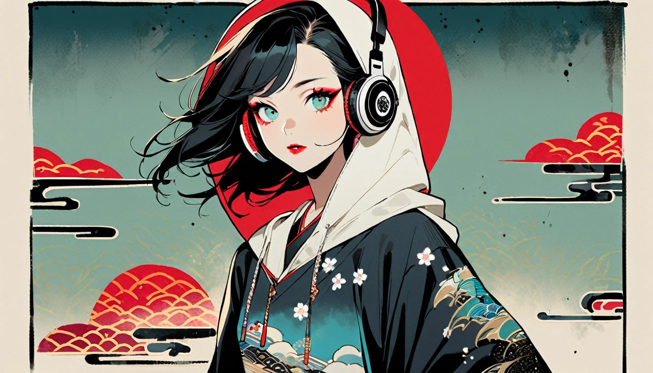 (((1 girl))), (((Ink Painting))), (((eye-level shot))), (((Flashy makeup))), (((Japanese style headphones))), (((Japanese pattern hoodie))), (((Put on the hood))), Japan人の少女, Black Hair, Modern ukiyo-e style,Japan, Japanese flag, vivid color