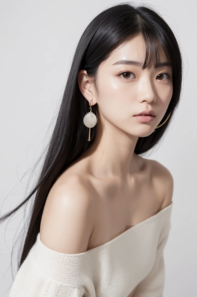 japan asian girl, adult girl, black hair, loose hair, full face looks into the camera, full face, eyes looks into camera, (neutral expression) bad girl face, studio lighting, masterpiece, best quality, solo, 1girl, luminous skin, ultra textured skin, hoop earrings, ultra glamorous, whimsical details, slicked hair, mesmerizing, bare shoulder, white crop top, white long pants, shallow depth of field, contrapposto, professional model, face front, portrait, white background