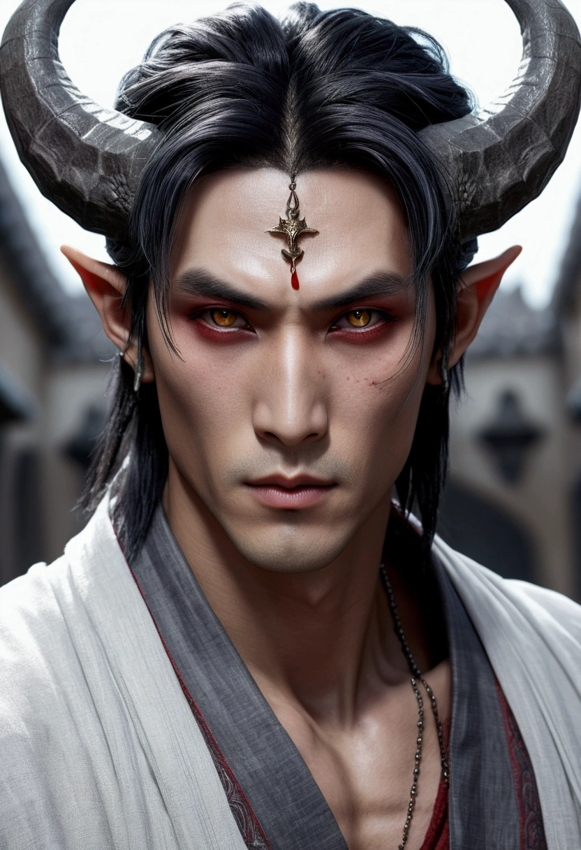 1 male demon with gray colored skin with very thin blood horns starting from the forehead, ((hair looking)) ((with baggy clothes style oriental rpg world)) (perfect human eyes) work of art, best qualityer, (full viwer), bottom clean.