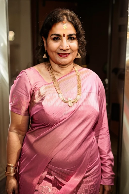 mature,sexy naina, sexy milf, hot curves, chubby, cute face,standing in door, hands placed onside showing armpit, 45yo, wearing pink Cotton Gown Slip Long Camisole Nighty ,(cinematic:1.3), intricate details, (ArtStation:1.2),detailed face, 4k, UHD,beautiful eyes, realistic skin texture,hairs tied up,selfie