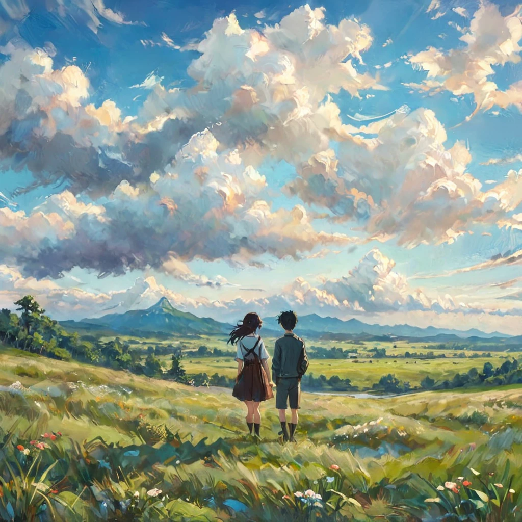 anime, anime landscape, beautiful hair, boyfridend girlfrien sweet, looking at clouds, in a grassland, creative, realist, white clouds, blue sky, landscape amazing, guy looking away from camera, wide photo