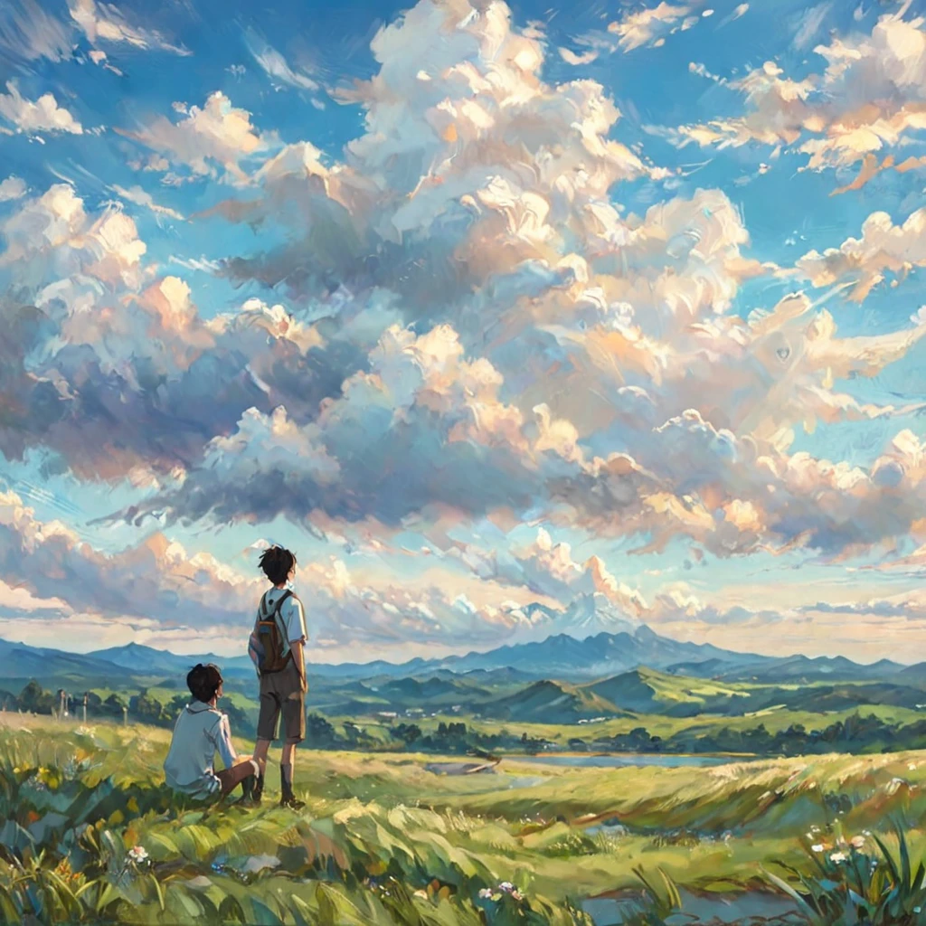 anime, anime landscape, beautiful hair, boyfridend girlfrien sweet, looking at clouds, in a grassland, creative, realist, white clouds, blue sky, landscape amazing, guy looking away from camera, wide photo