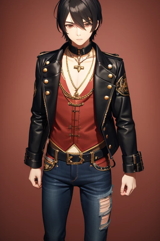 V Flower Vocaloid 16 year old boy Black hair Steampunk with brown eyes Black open denim jacket Red shirt Blue jeans Gold cross necklace looking directly at viewer on a light red background