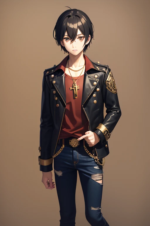 V Flower Vocaloid 16 year old boy Black hair Steampunk with brown eyes Black open denim jacket Red shirt Blue jeans Gold cross necklace looking directly at viewer on a light red background