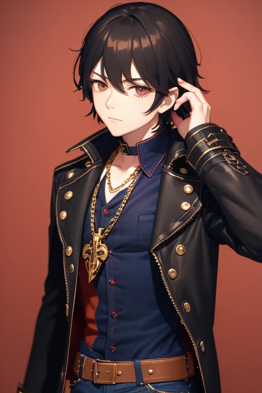 V Flower Vocaloid  boy Black hair Steampunk with brown eyes Open black jacket Red shirt Blue jeans Gold cross necklace slim muscular build looking directly at viewer on a light red background