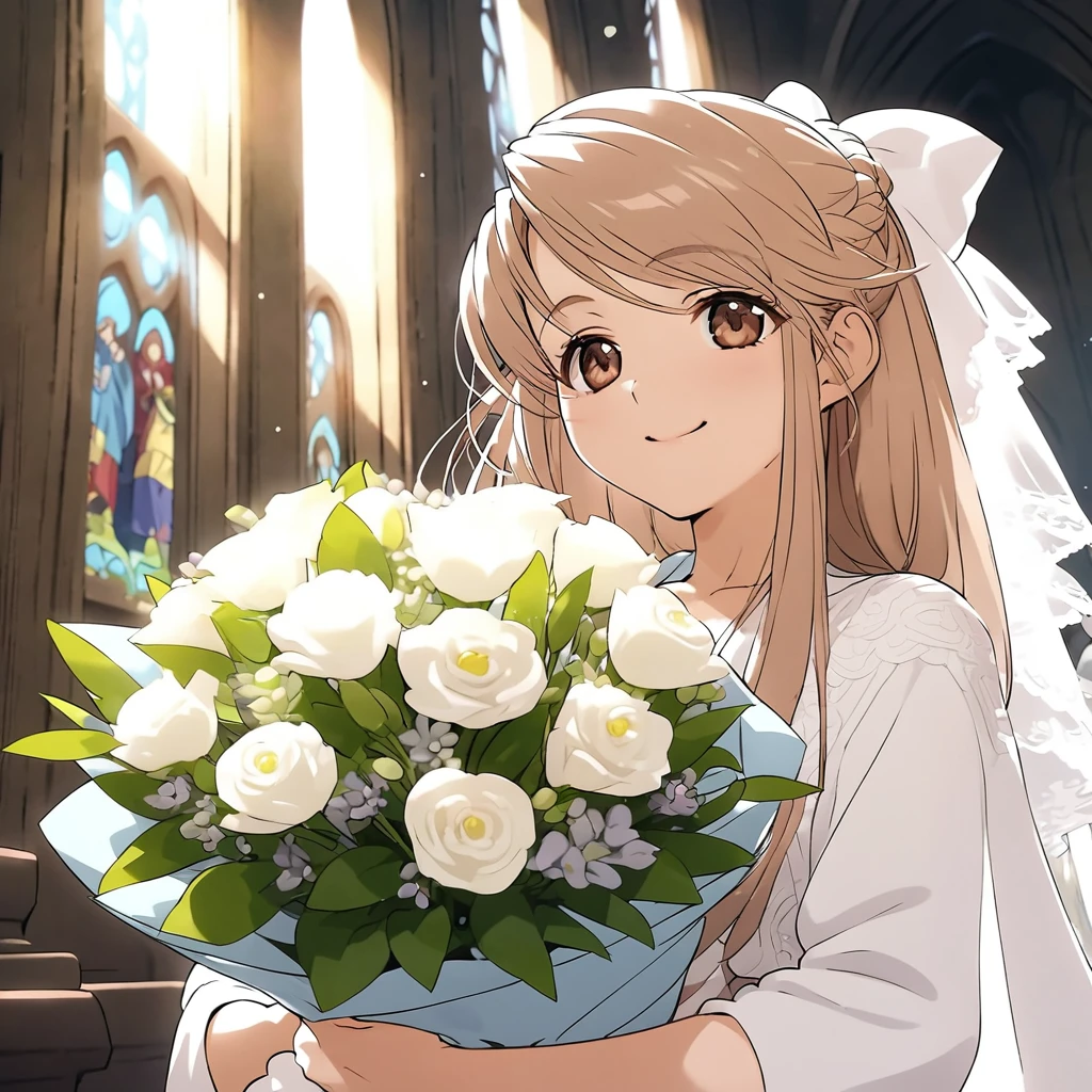 One bride, smile, Baby Face, Thin chest, light brown hair, brown eye, hair ribbon, bouquet, sacred, mysterious, Church Break anime screencap, masterpiece, best quality