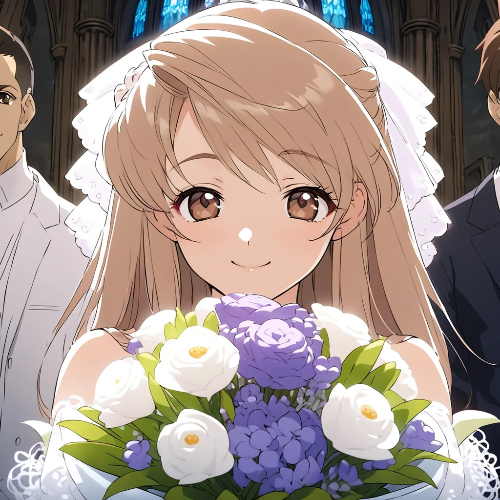 One bride, smile, Baby Face, Thin chest, light brown hair, brown eye, hair ribbon, bouquet, sacred, mysterious, Church Break anime screencap, masterpiece, best quality