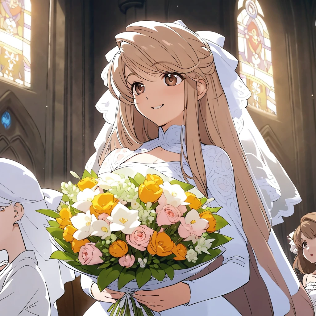 One bride, smile, Baby Face, Thin chest, light brown hair, brown eye, hair ribbon, bouquet, sacred, mysterious, Church Break anime screencap, masterpiece, best quality