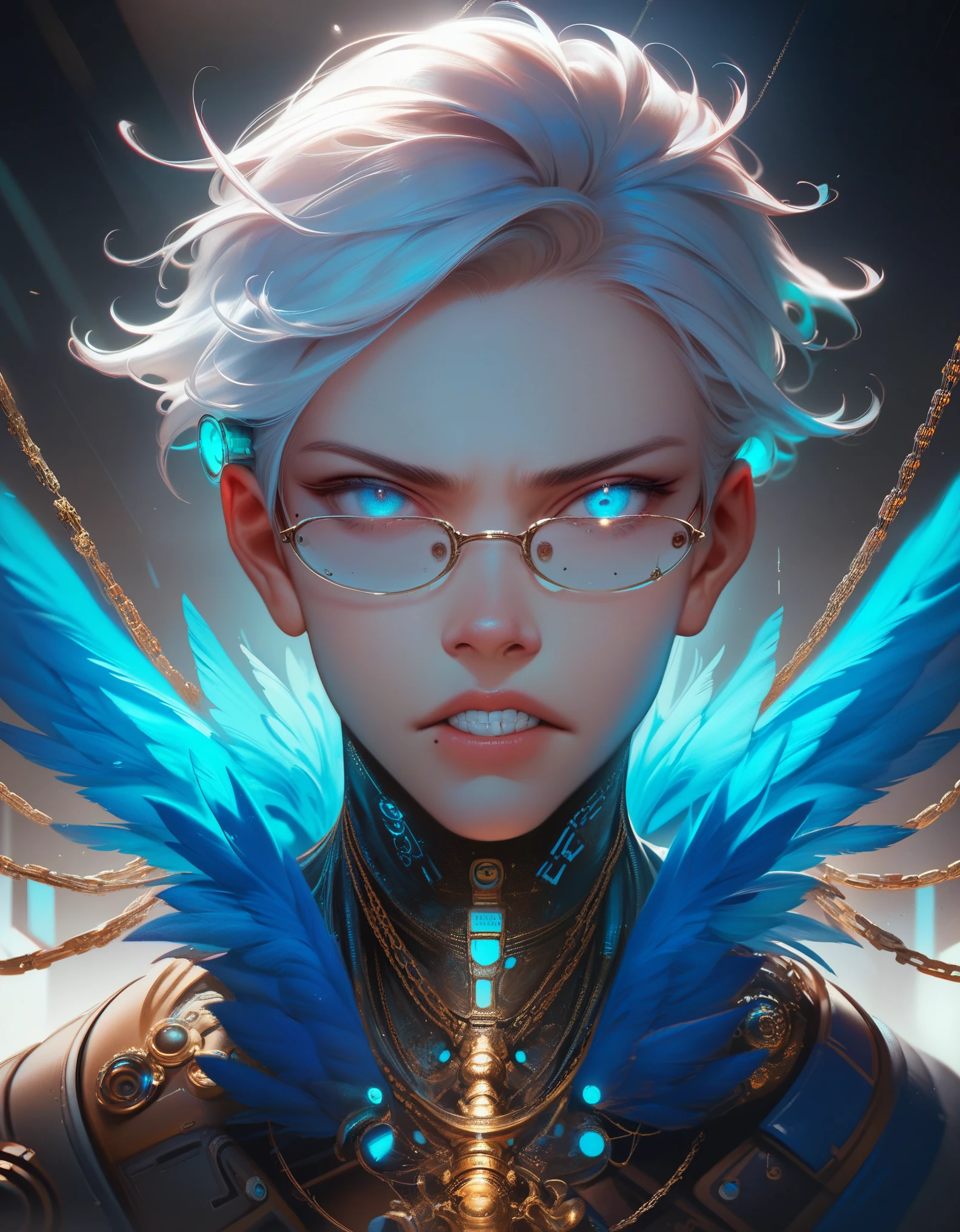 (score_9, score_8_up, score_7_up), zPDXL, 1 boy, alone, looking at viewer, simple warm colored background, neon blue eyes, close up, short hair, white hair, broken glasses, lenses, neon blue feathers falling, serious look, determination, dark aura, front view, masterpiece, best quality, hyper detailed, cinematic light, intricate detail, high resolution, official art, detailed glow, neon glowing teeth, portrait, gold jewelry, the pupil of the eyes with detailed structures, miracle, dark atmosphere, neon blue feathers, mole, jewelry accessories, diffraction peak, vibrant colors, concept artist, electronic links, metal chains,