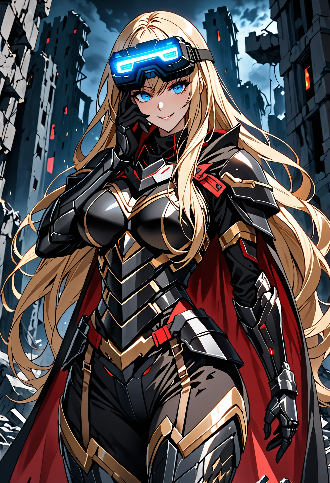 solo, female, huge woman, extremely tall woman, blue eyes, blonde, long hair, black uniform, ((black armor)), black cape, gold trim, red trim, muscular, ruins, smile, one hand on face, yandere pose, baggy breeches, broad shoulders, night, looking at viewer, futuristic, head-mounted display, night combat, assault rifle, camouflage