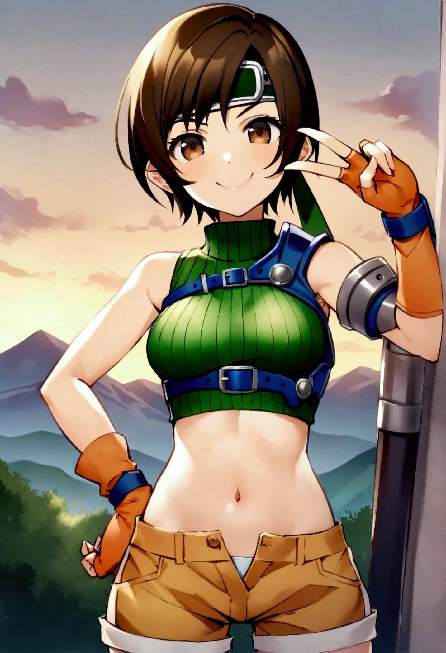 score_9, score_8_up, score_7_up,,BREAK ,best quality,aesthetic,very aesthetic,high-resolution ,mediumshot,straight-on,soro focus,1girl, yuffie kisaragi, final fantasy, short hair,headband,navel,sleeveless,turtleneck,brown eyes,sleeveless turtleneck,solo,breasts,looking at viewer,smile,gloves,crop top,brown hair,shorts,midriff,,sweater,open fly,armor,fingerless gloves,ribbed sweater,medium breasts,(great joy),standing,mountain,sunset,top angle,v,hand on hip,smug,