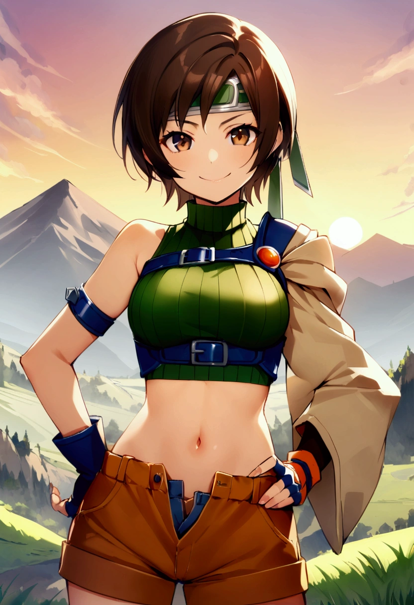 score_9, score_8_up, score_7_up,,BREAK ,best quality,aesthetic,very aesthetic,high-resolution ,upperbody,,soro focus,1girl, yuffie kisaragi, final fantasy, short hair,headband,navel,sleeveless,turtleneck,brown eyes,sleeveless turtleneck,solo,breasts,looking at viewer,smile,gloves,crop top,brown hair,shorts,midriff,,sweater,open fly,armor,fingerless gloves,ribbed sweater,medium breasts,(great joy,),standing,mountain,sunset,v,hand on hip,smug,face above focus,