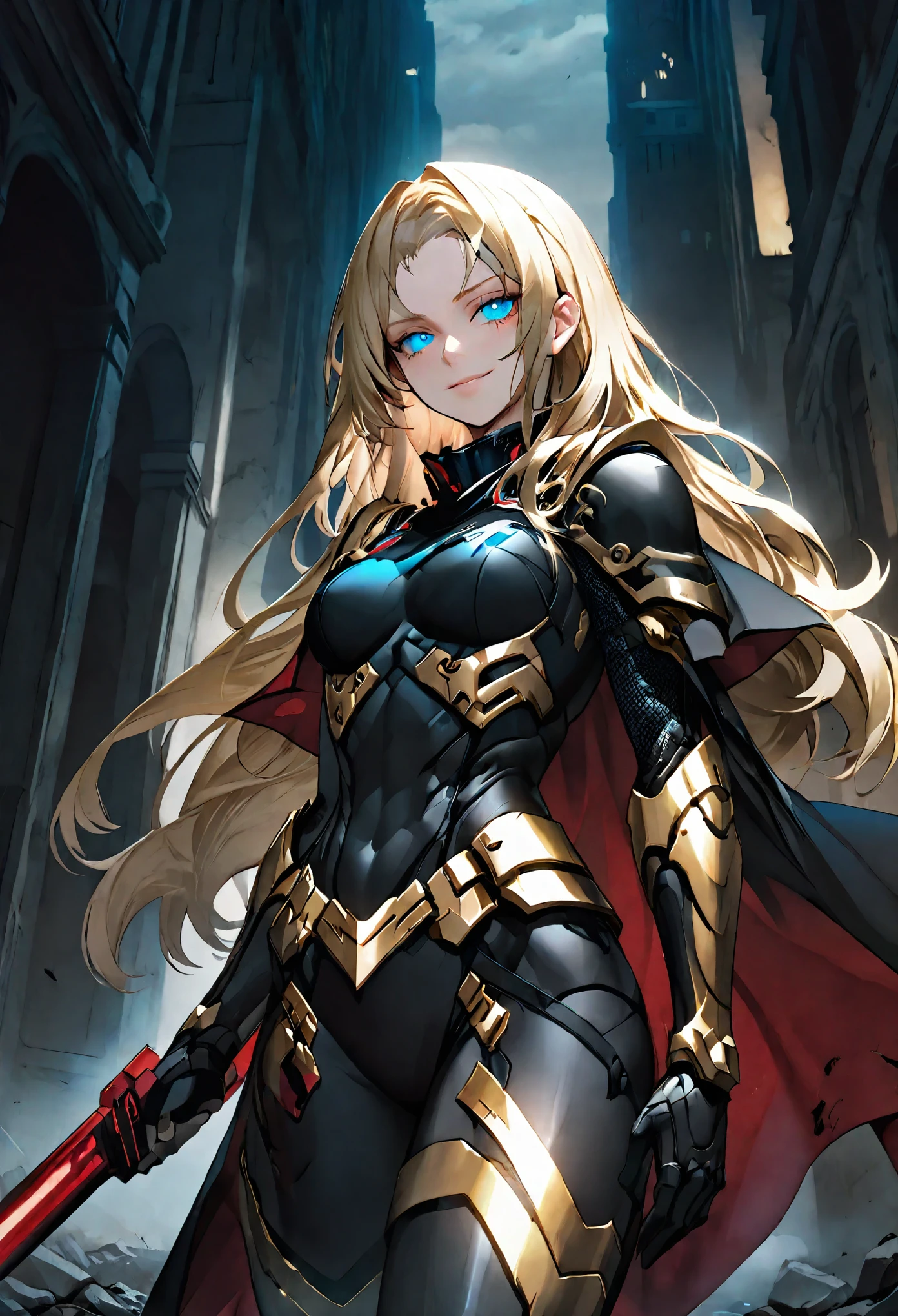 solo, female, huge woman, extremely tall woman, blue eyes, blonde, long hair, black uniform, ((black armor)), black cape, gold trim, red trim, muscular, ruins, smile, one hand on face, yandere pose, baggy breeches, broad shoulders, night, looking at viewer, futuristic, head-mounted display, night combat, assault rifle, camouflage