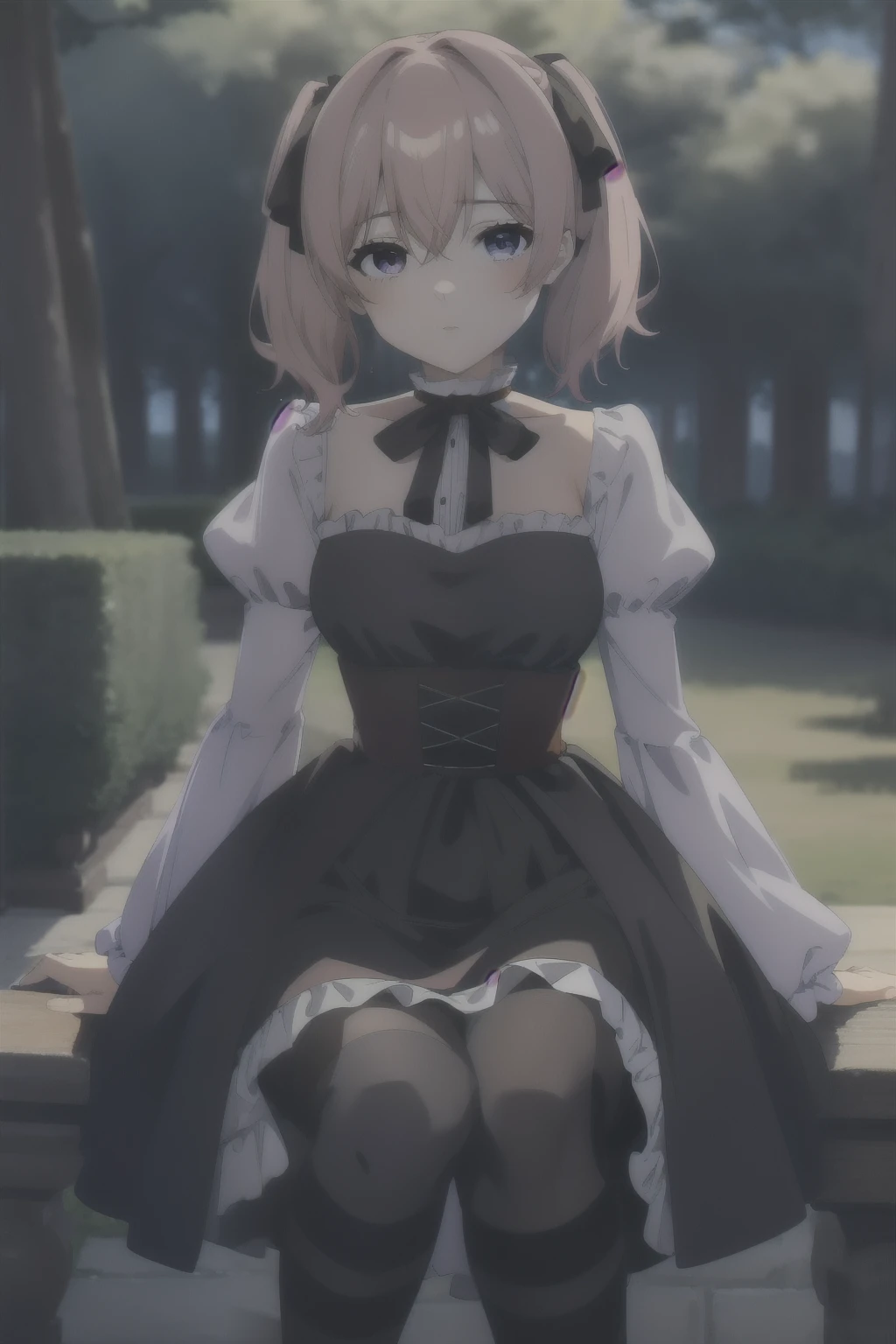 lineye,1 girl,Alone,two short tails,hair between the eyes,pink hair,medium hair,purple eyes,
shirt collar with ruffles,dark red choker,black ruffled shirt,juliet sleeves,long sleeves,dark red neck ribbon,black dress oscuro,black dress,Black layered dress,striped pantyhose,
Mary Janes,outdoor,SERIOUS LOOK, exquisite visuals, High Definition,masterpiece,Best Quality,exquisite visuals,High Definition,masterpiece,Best Quality,18 years,young woman,beautiful fingers,Beautiful long legs,beautiful body,Beautiful character design,