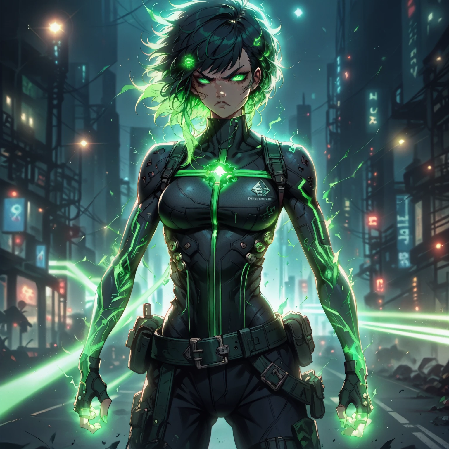 a girl with Slim, athletic build,Short, edgy hair with streaks of neon green,Intense, glowing green eyes,Fitted, (nude:0.9), NSFW, dark top with glowing green circuitry,standing in front of a city,Sleeveless or short-sleeved, showcasing glowing energy patterns on her arms,High-tech harness with energy nodes,Fingerless gloves with energy conduits,Dark, fitted pants with utility pockets,Belt with energy capsules and gadgets,Confident, determined expression,Energetic aura surrounding her hands and body, detailed gorgeous face| anime style| key visual| intricate detail| highly detailed| breathtaking| vibrant| panoramic| cinematic| Carne Griffiths| Conrad Roset| gibbli 8k