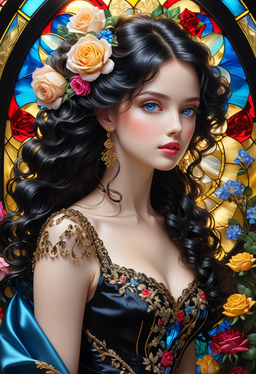 a girl, beautiful crystal blue eyes, curly black hair tied up, colorful stained glass background, roses and wild flowers, high detail, volumetric light, 8k, mute color, soft colors, bright and clear, black satin, gold thread embroidery, Sensitivity , Rhapsody in black and bleached floral silk, Popular topics on Artstation, sharp focus, Studio shots, light falling on hair, intricate details, Very detailed, Popular topics on Artstation, sharp focus, Studio shots, intricate details , Very detailed.